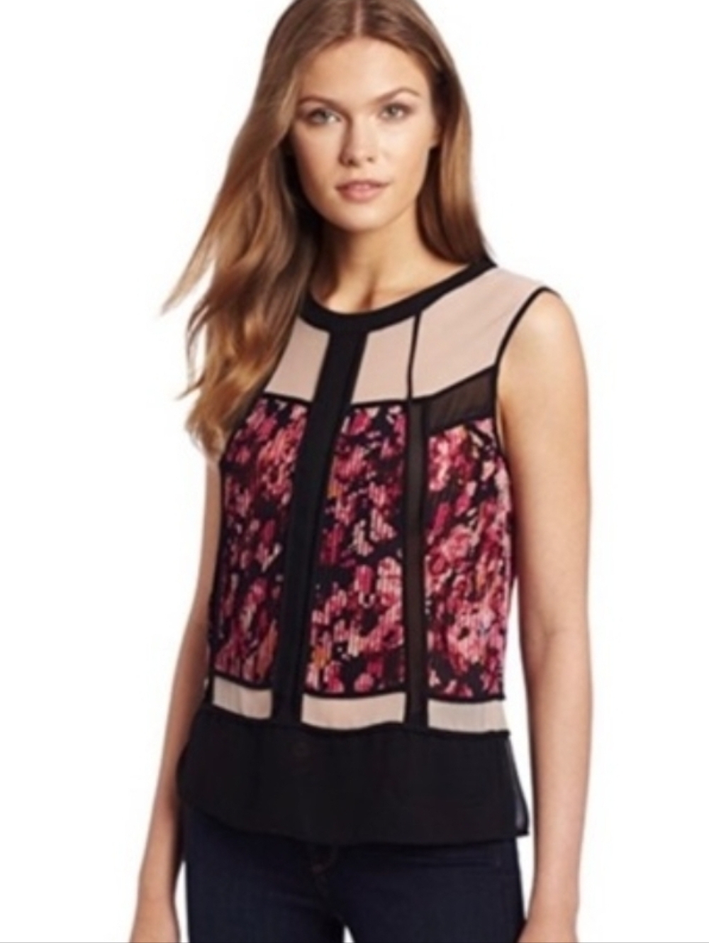 ❤️ BCBGMAXAZRIA CODIE SLEEVELESS PINTUCK TOP, POPPY COMBO, XS